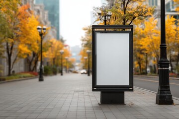 A black metal advertisement board with a blank white surface, standing on a city sidewalk with blurred, out-of-focus, autumnal trees and buildings