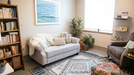 Serene office space with comfortable couch and bookshelves