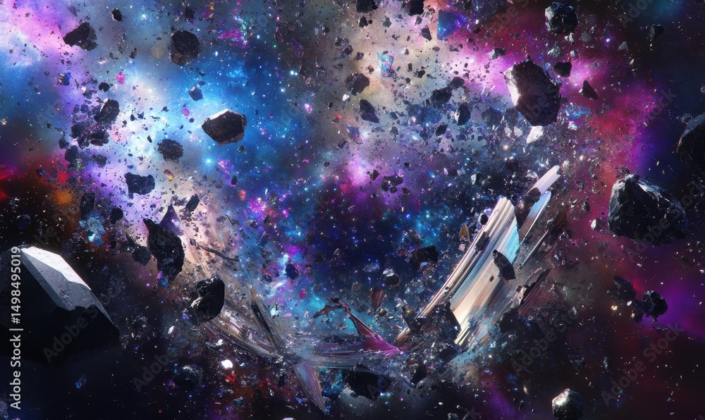 Poster spaceship crashing through asteroid field in nebula