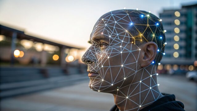 A man's face is covered with a digital mesh and glowing nodes, symbolizing facial recognition technology and artificial intelligence in an urban setting.