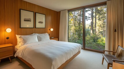 Modern minimalist bedroom design with forest view white bedding and wood panel walls