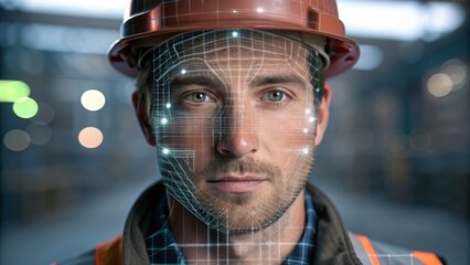Futuristic Identity Concepts in Manufacturing Aesthetics. A construction worker wearing a helmet is scanned by facial recognition technology in an industrial setting.