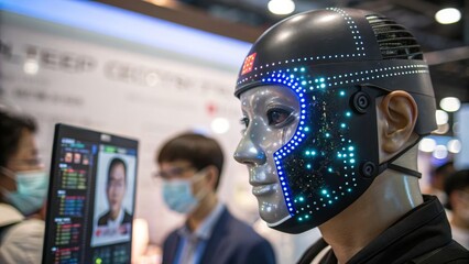 Futuristic Identity Concepts in Manufacturing Aesthetics. A humanoid robot with an illuminated face interacts with a digital display at a technology exhibition, surrounded by people in masks.
