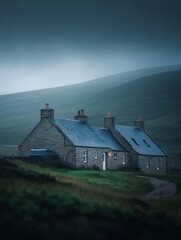 Stone Cottage on a Misty Highland Moorland. A serene landscape photograph of a traditional stone house nestled in the Scottish Highlands.