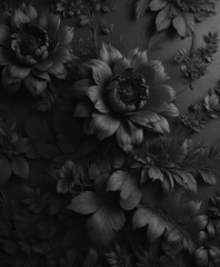 Intricate black charcoal floral wallpaper, textured elegance  , photography, texture