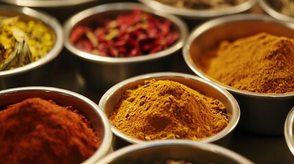 Close up of spices bowls before cooking Aromatics no text