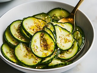 Yogurt Dressing over a Refreshing Cucumber Salad in a White Bowl