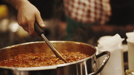 Close up of stirring pot while cooking soup Comfort food no text
