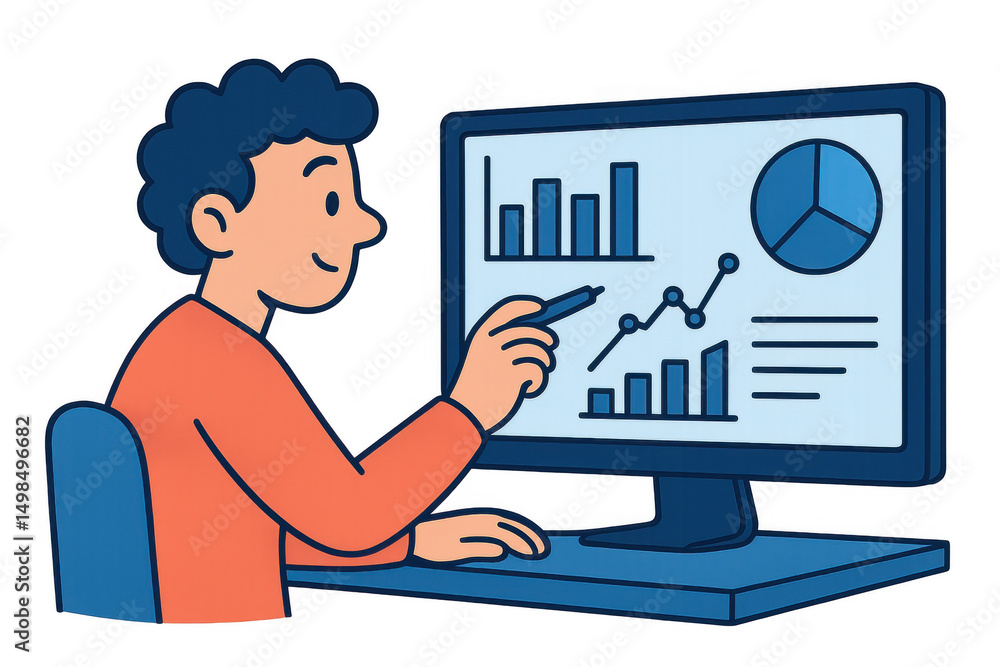 Poster businessman analyzing financial charts and graphs displayed on a computer screen, using a stylus, wi