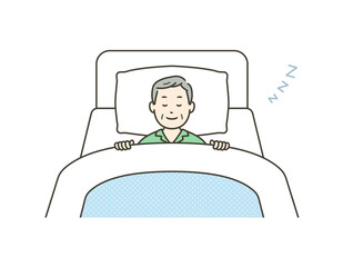 ベッドで笑顔で安眠するパジャマ姿の高齢男性のイラスト