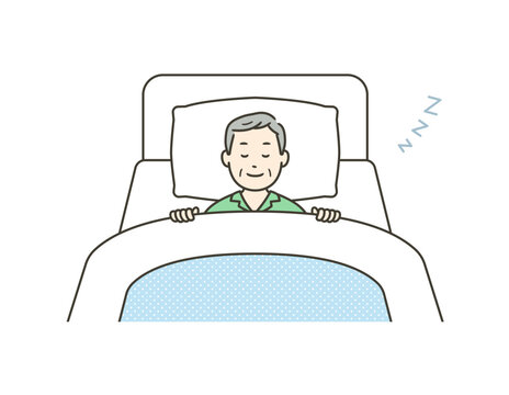 recommend clip art: ベッドで笑顔で安眠するパジャマ姿の高齢男性のイラスト