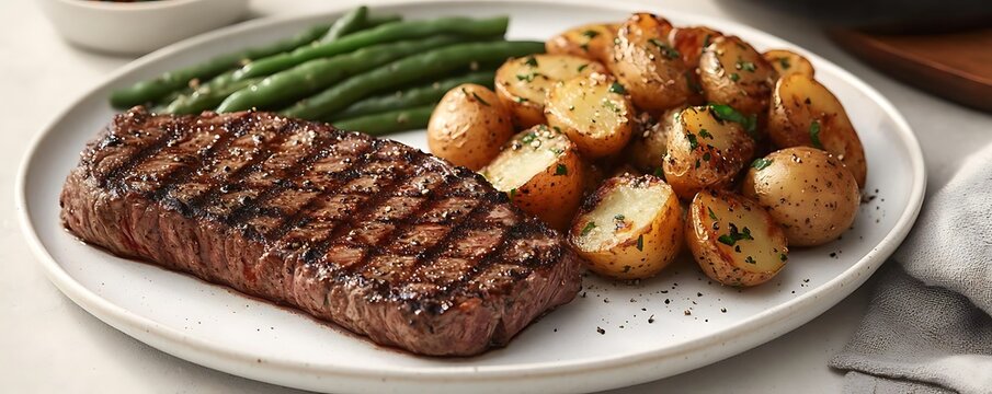 Grilled steak, potatoes, beans. Dinner