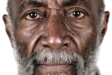 Elderly african male with beard and expressive eyes close-up portrait, cut out