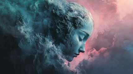 Serene Stone Face Abstract Digital Art Peaceful Nature Landscape Mystical Dreamlike Artistic Surrealist Teal Pink Cloudscape Woman Portrait Imaginative Fantasy Mysterious