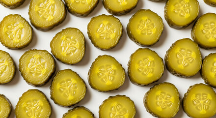 Slices of pickles arranged in a grid-like pattern. Each slice displays its interior, revealing the seeds and textured surface. They have a greenish-yellow color with a darker green rind.