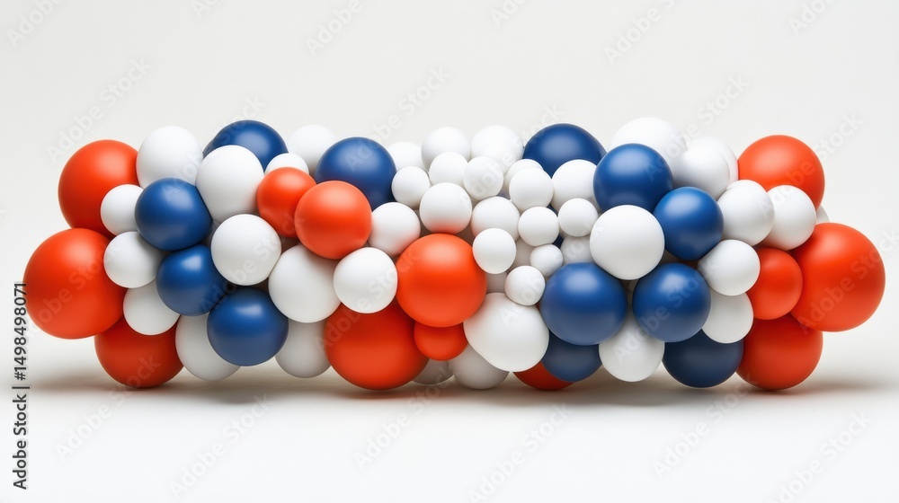 Poster dynamic arrangement of vibrant red blue and white spheres against soft white background creating mod