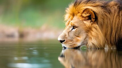 Fototapeta premium Lion gazing at its reflection in calm waters