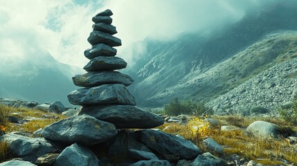 Serene Stacked Stones in Majestic Mountain Landscape Tranquil Nature Scene Peaceful Rocks Balanced Zen Garden Spiritual Harmony Balance Serenity Spiritual Meditation     