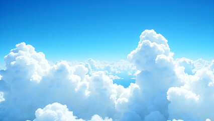 Expansive wide-angle view of fluffy white cumulus clouds in a vivid blue sky with gradient tones and soft natural daylight, creating depth, lightness, and a serene open-air atmosphere
