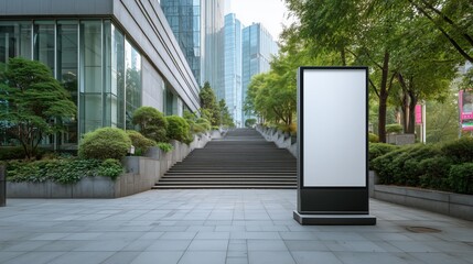 A modern city street scene, Close up featuring a blank, rectangular billboard with a sleek, black frame mounted on a gray metal stand.