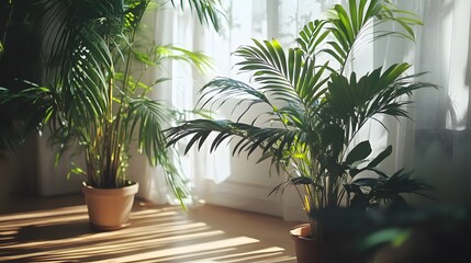 Fototapeta premium Sunlight streams through a window onto indoor houseplants.