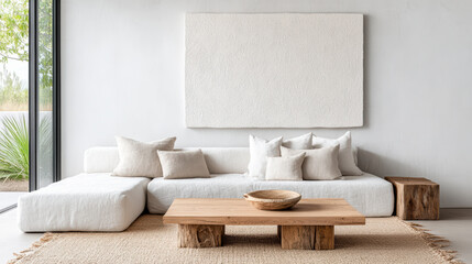 Cozy neutral living room with soft cushions, wood furniture, and minimalist design