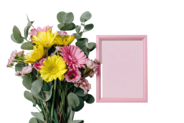 Floral bouquet and empty pink frame on white background, cut out