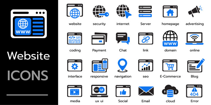 Website icon set. Containing web design, internet, network, SEO, social, server, homepage and e-commerce icon. Solid vector icons collection.