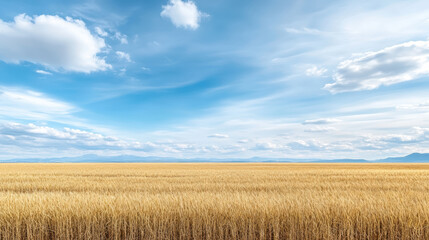 Golden wheat field under vast blue sky with soft clouds, creating serene landscape