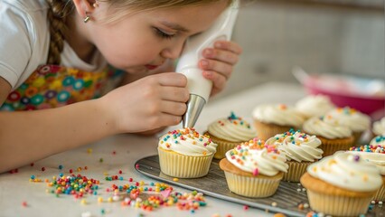 Adorable Little Chef Decorating Cupcakes – Close-Up of 5-Year-Old’s Frosting Focus for Kids Take Over Kitchen Day (Ideal for Parenting Blogs, Baking Brands & Childhood Content)