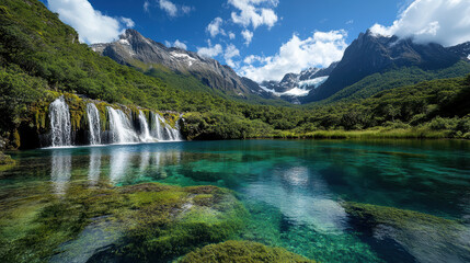 Fototapeta premium Breathtaking waterfall landscape with clear turquoise water and majestic mountains