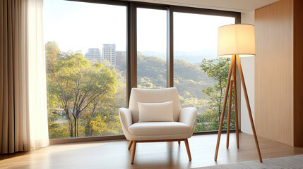 Fototapeta premium Cozy armchair with floor lamp in bright room, overlooking serene landscape