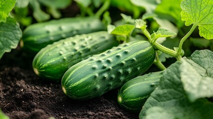 Obraz premium Fresh cucumbers growing in the ground.