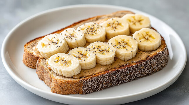 Creamy peanut butter spread on whole grain toast topped with fresh banana slices and chia seeds