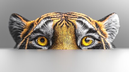 Close-up of a tiger's eyes peering over a surface, showcasing its striking gaze and vibrant colors