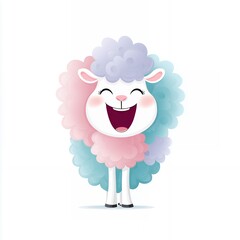Fototapeta premium Happy Cartoon Sheep with Pastel Pink and Blue Fleece, Joyful Expression, White Background