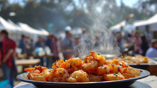 Garlic Shrimp as the mainstay menu of the Gilroy garlic festival, jumbo-sized shrimp sauteed with garlic and spices, hot steam can be seen above, ai generated images.