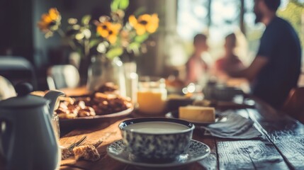 Cozy Breakfast Table Setting with Flowers and Warm Lighting
