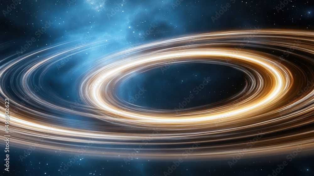 Poster pulsating cosmic rings emit soft colored light in vast galaxy, creating mesmerizing scene
