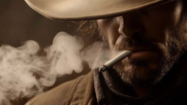 Close-up of a man smoking a cigarette, wearing a cowboy hat