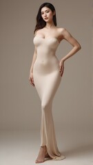 Fototapeta premium A beautiful Asian woman with long, dark hair poses in a flowing, beige, strapless maxi dress against a neutral background. Her pose is elegant and confident.