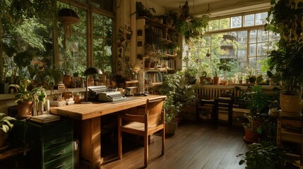 Fototapeta premium eco-conscious workspace with recycled furniture and indoor plants, cozy natural lighting