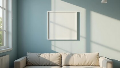 Minimalist living room interior with couch, frame, and natural light accents