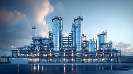 Fototapeta premium Industrial water treatment plant at dusk with glowing infrastructure