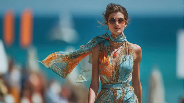 high-fashion model walking down summer runway, scarf print dress flowing in wind