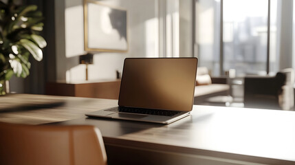 Minimalist laptop on a sleek, wooden desk in a tranquil workspace.