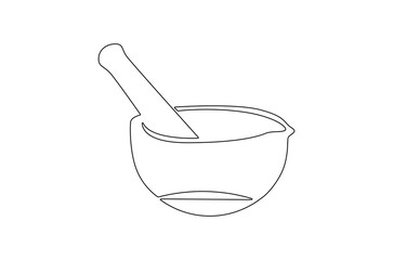Continuous one line drawing of Mortar and pestle. Single line drawing illustration of Retro Mortar and Pestle. Bowl leaves therapy drug eco concept vector art. Doodle line illustration.