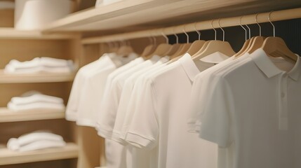 Minimalist display of white polo shirts in a retail setting