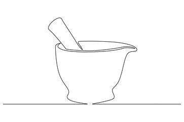 Continuous one line drawing of Mortar and pestle. Single line drawing illustration of Retro Mortar and Pestle. Bowl leaves therapy drug eco concept vector art. Doodle line illustration.
