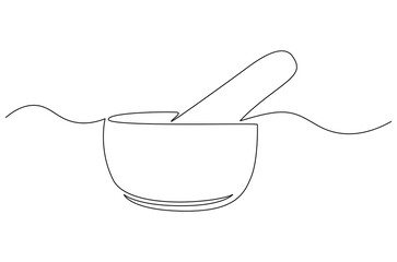 Continuous one line drawing of Mortar and pestle. Single line drawing illustration of Retro Mortar and Pestle. Bowl leaves therapy drug eco concept vector art. Doodle line illustration.